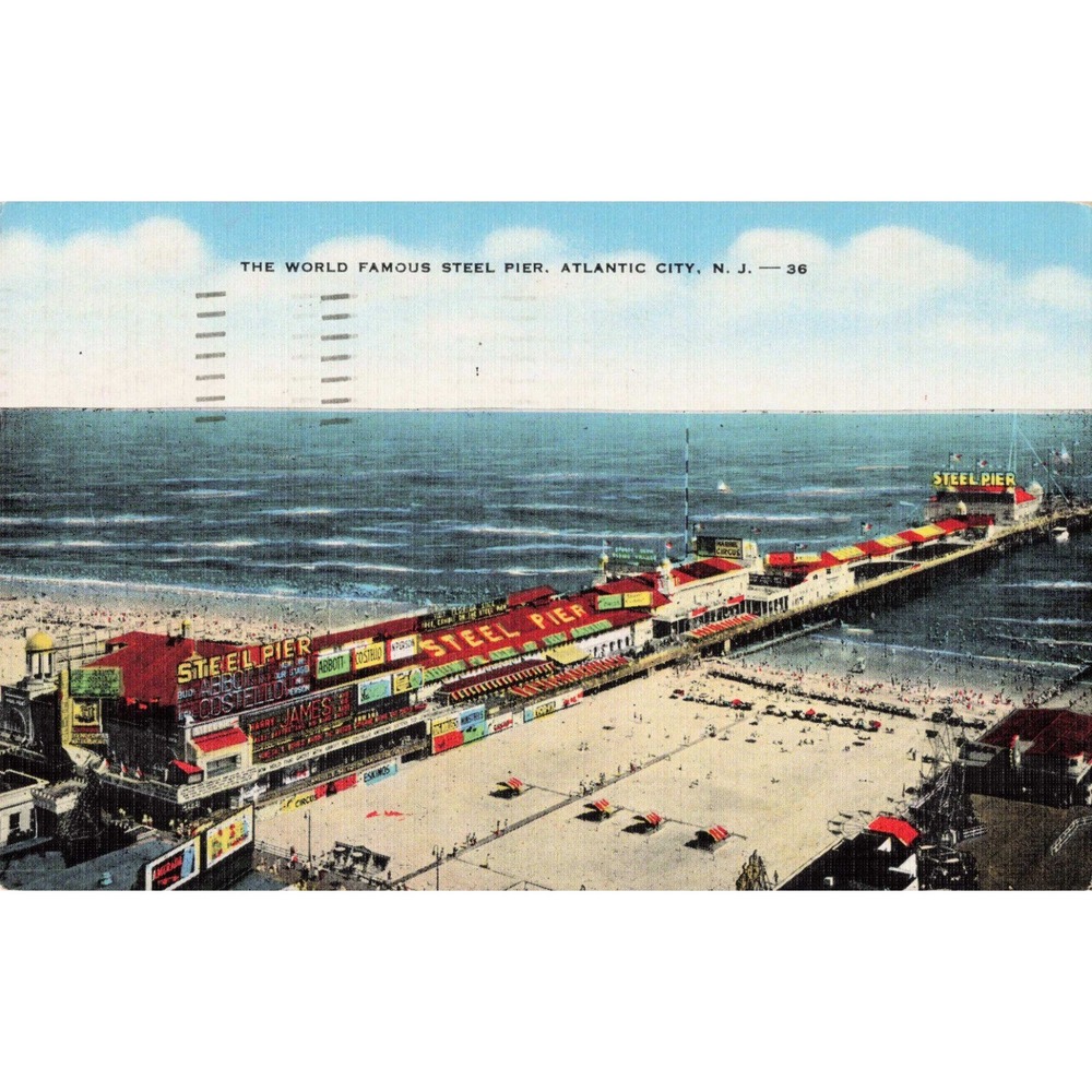 Steel Pier Atlantic City New Jersey NJ Beach Aerial View Linen Postcard 1953 #36